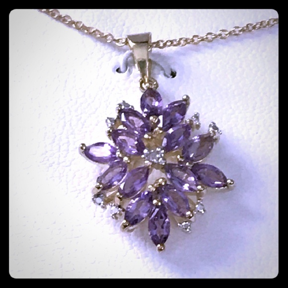 Diamondere Jewelry - Genuine Amethyst & Diamond Gold Flower Necklace